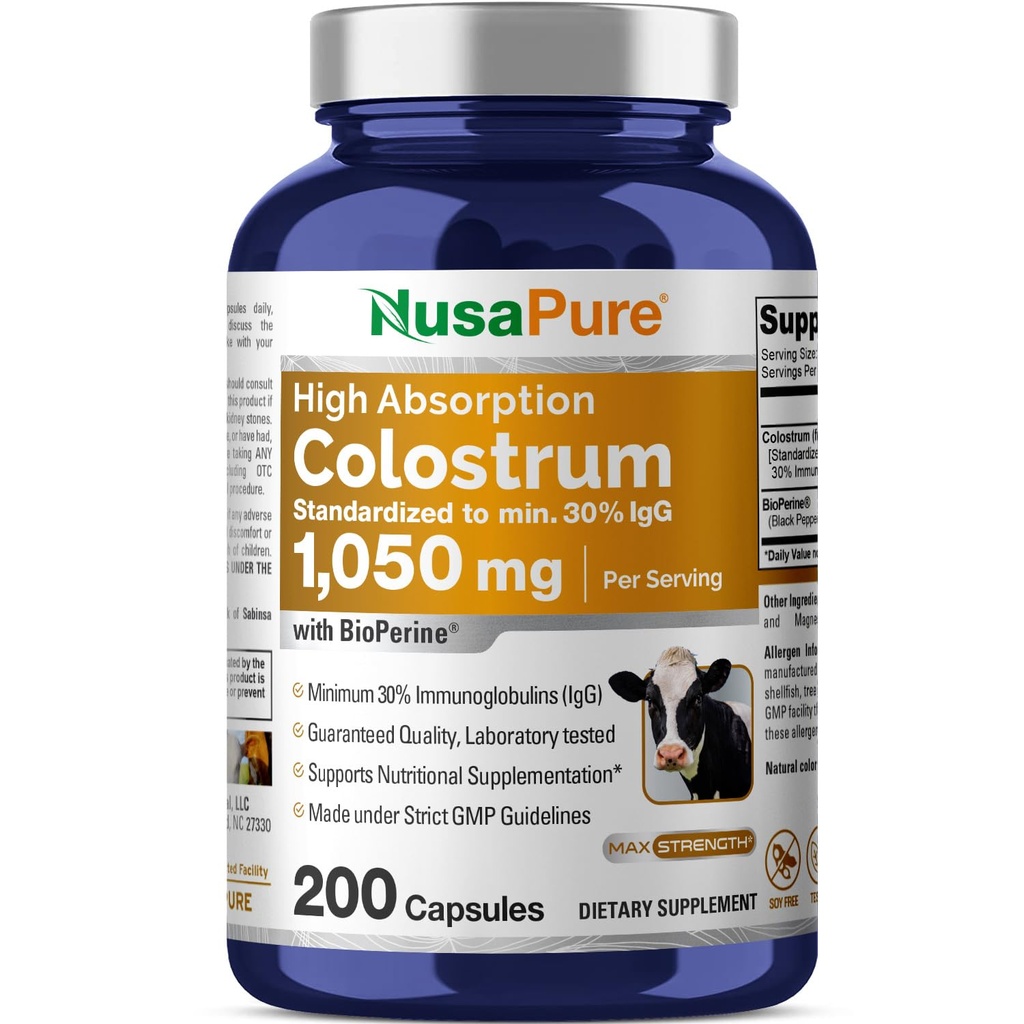 NusaPure Colostrum 1050mg 30% IgG 200 gélules (non-OGM, sans soja) Biopérine