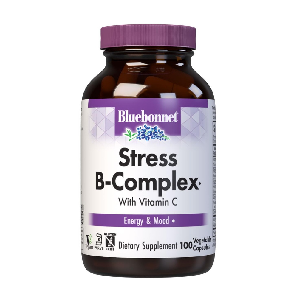 Bluebonnet Nutrition Stress Relief B Complex Gemüse Kapseln, Vitamin B6, B12, Biotin, Folate, Vegan, Gluten & Soy & Milk Free, Kosher, Unflavored, 100 Count