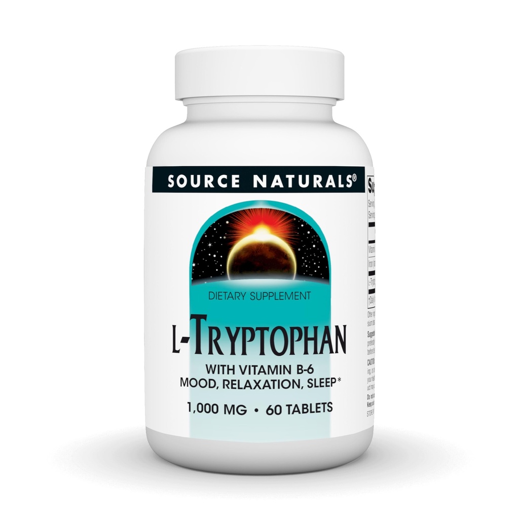 Source Naturals L-Tryptophane avec vitamine B-6 - Support d'humeur, relaxation et sommeil - 1000mg - 60 comprimés