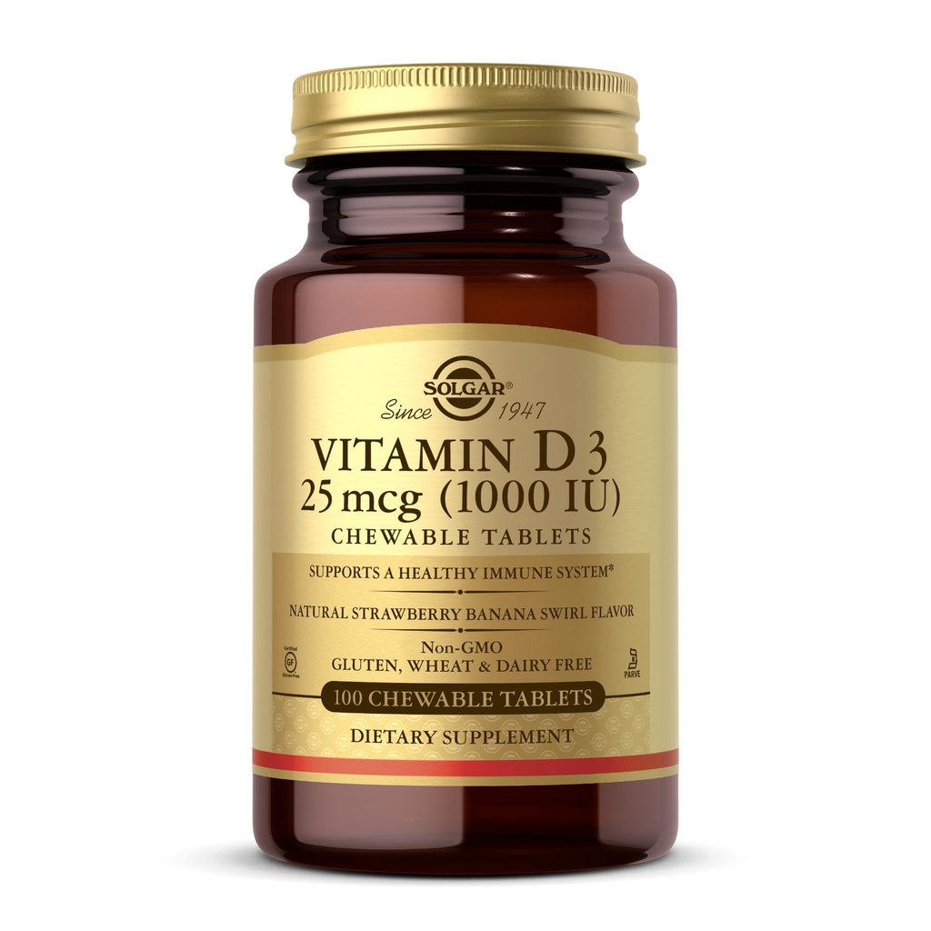 Solgar Vitamin D3 (Cholecalciferol) 25 mcg (1000 IU), Natural Strawberry Banana Swirl - 100 Kautabletten - Non-GMO, Kosher - 100 Servietten