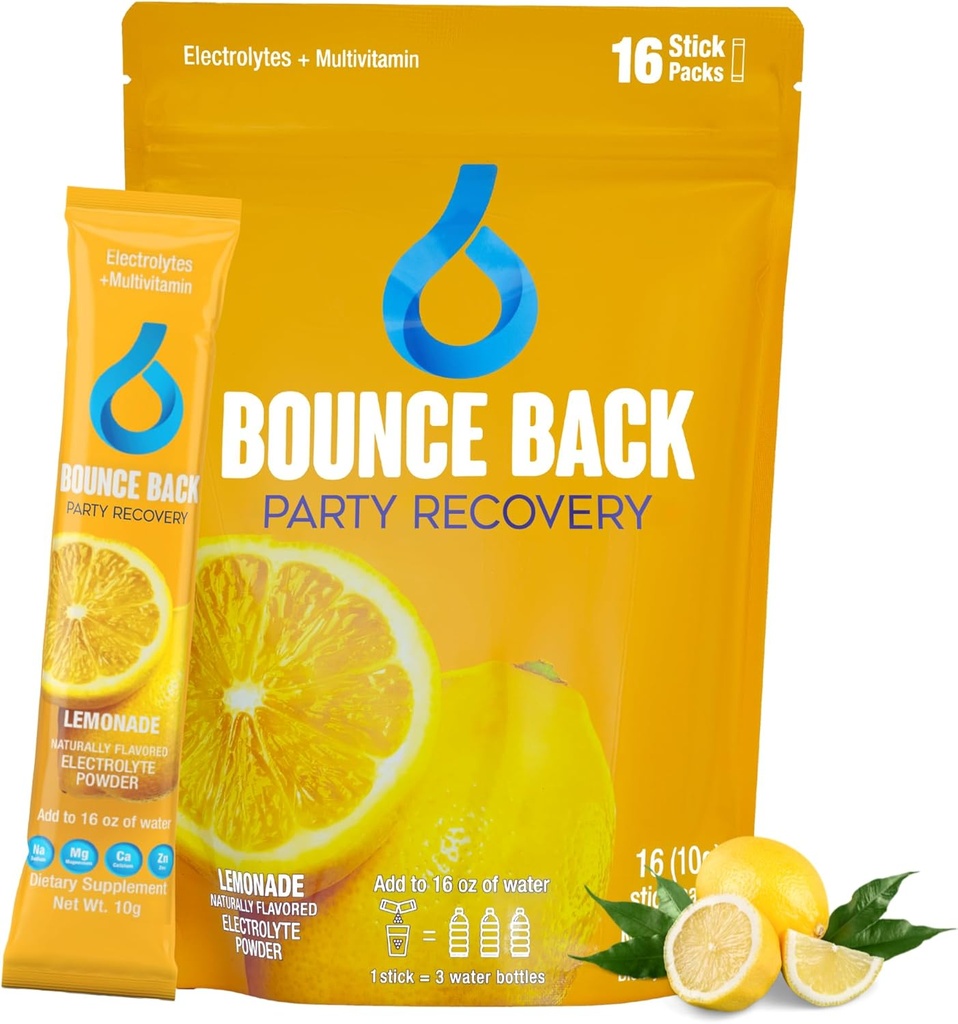 Bounce Back Pre und Post Trinken Liver Unterstützung | Elektrolyt + Vitamine und Mineral Hydration Packs | Perfekt nach einer Nacht Out | Urlaub und Reisen Essential (16 Pack, Lemonade)