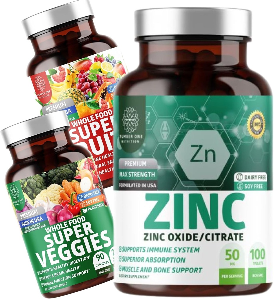 Number One Nutrition N1N Premium Super Fruits & Veggies Supplement [40 Ganze Lebensmittel, Aloe Vera, Vitamine] und Zink 50mg [3X Absorption], 2 Pack Bundle