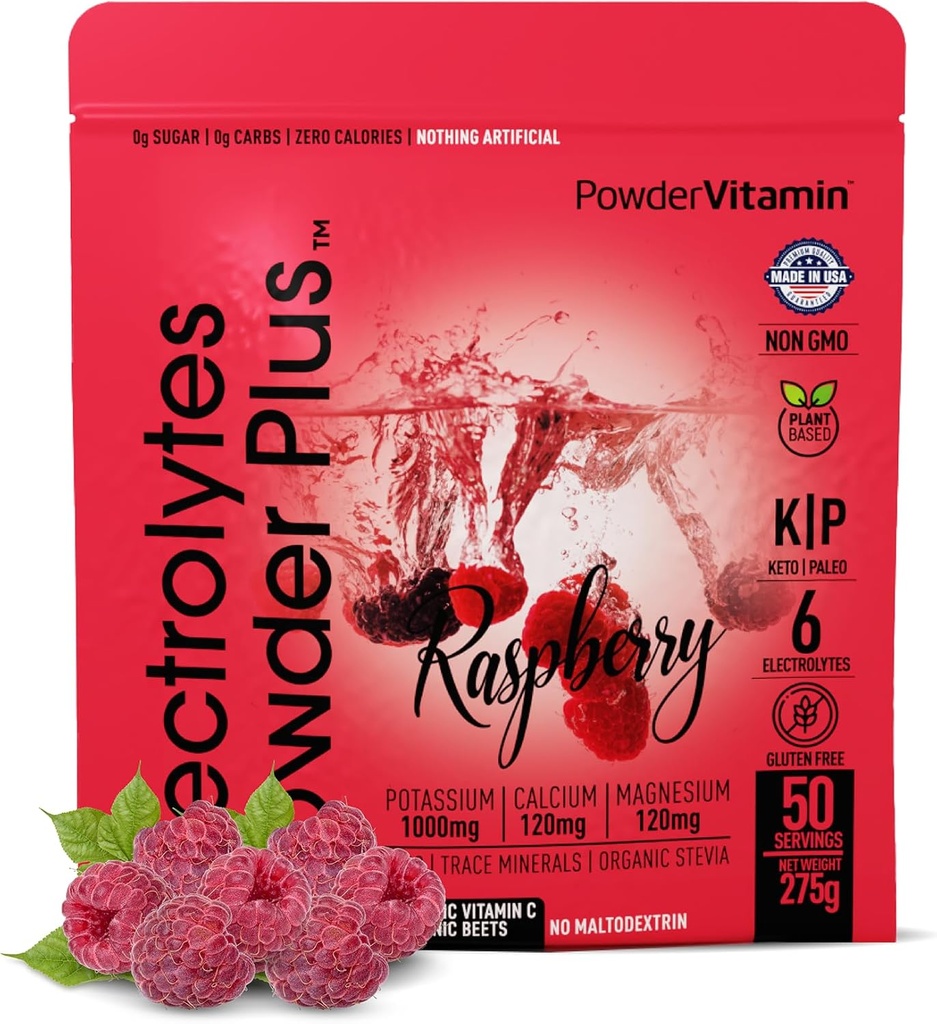 PowderVitamin Elektrolyte Pulver Plus (50 Portionen) Himbeere Elektrolyt Pulver Zero Calorie Keto, 0 Zucker, kein Maltodextrin, 1000mg Kalium, 120mg Calcium, 120mg Magnesium, Hydration Pulver