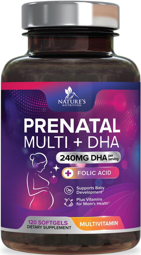 Pränatale Vitamine mit Folsäure & DHA, Fetale Gehirnentwicklung Unterstützung mit Folat & Omega 3's, Pränatales Multivitamin für Frauen, Vitamin A, C, D, B6, B12 & Eisen, Schwangerschaftsergänzung - 120 Softgels