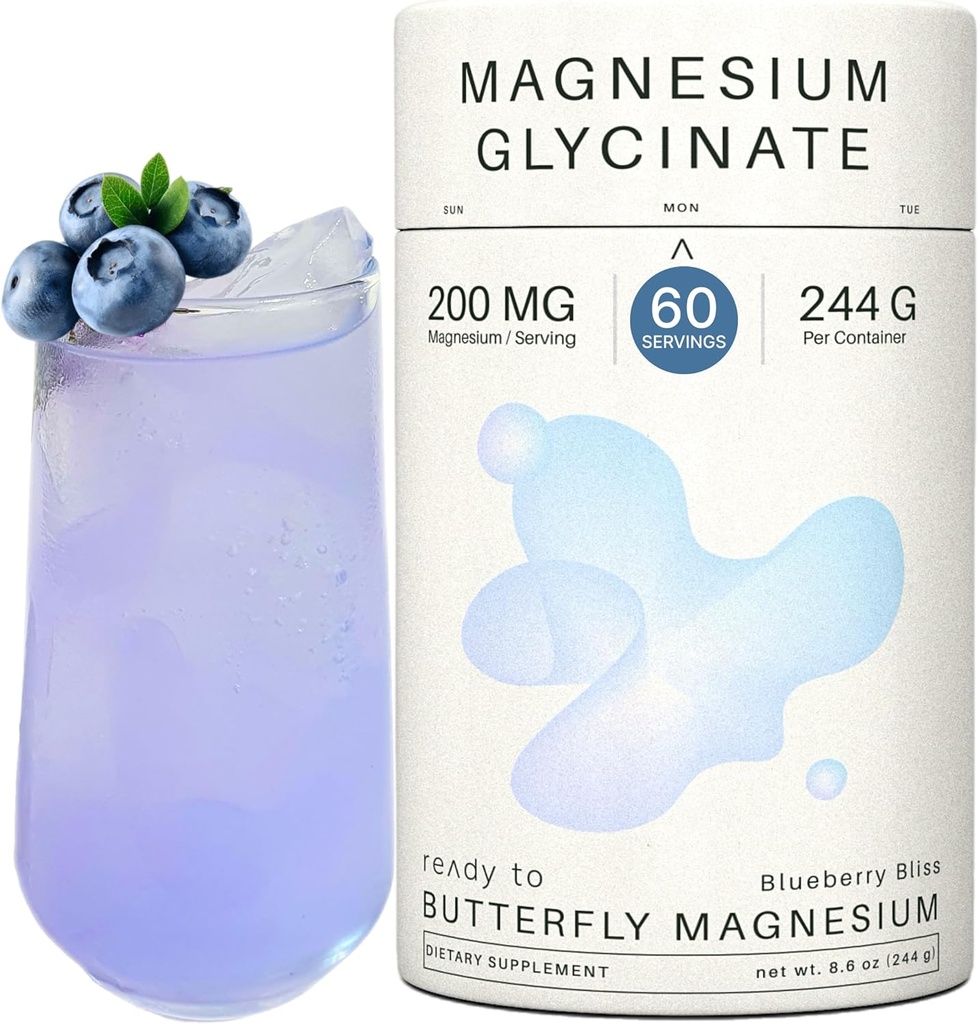 Magnesium Glycinat Pulver 200mg | Hohe Absorption Chelat Bisglycinat mit Bio-Butterfly Pea Blume | Unterstützt Stress Relief, Calm & Schlaf | 8,6 Unze, 60 Servietten