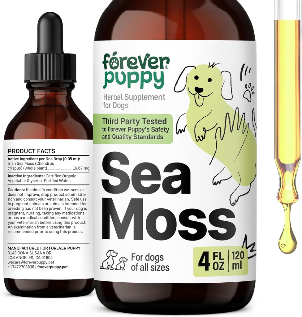 Forever Puppy Irish Sea Moss Drops for Dogs - Thyroid & Energy Support for All Breeds & Sizes - Dog Food Supplements with Liquid Seamoss Extract - Vitamins and Supplements - Sugar & Alcohol-Free -4 oz