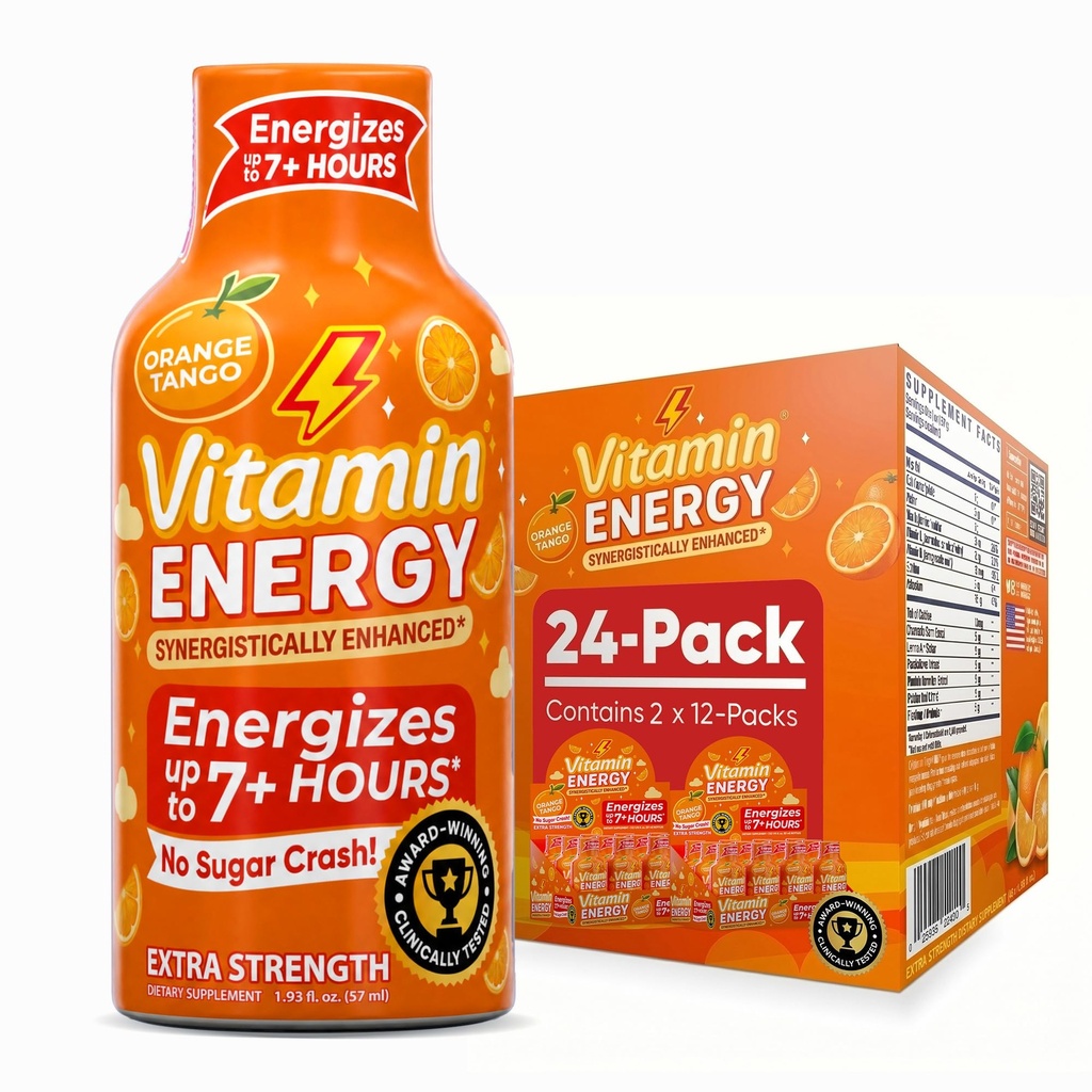 Vitamin Energy Immune+ Extra Strength Energy Shot Orange Burst 24 Pack, 260mg Natürliche Koffein, B-Vitamine, Citicoline, Grüner Tee, Immunität & Focus Support, Zero Sugar, Gluten-Free 1.93 fl oz