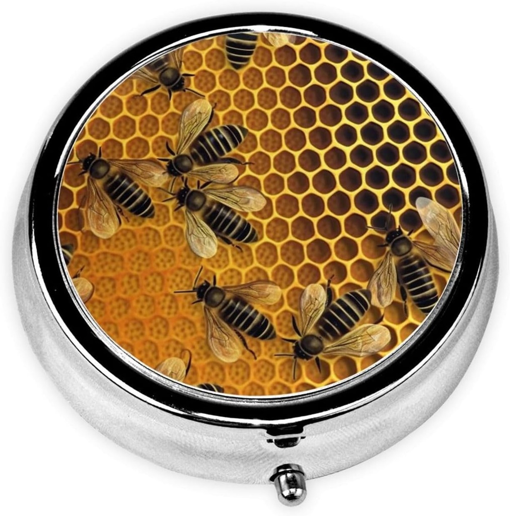 Bienen auf hive Pille Box Metall Runde kleine Pille Case Cute 3 Comparted Pille tragbare Reise Pille Mini Pille Container Halter für tägliche Medizin Ergänzung Vitamin