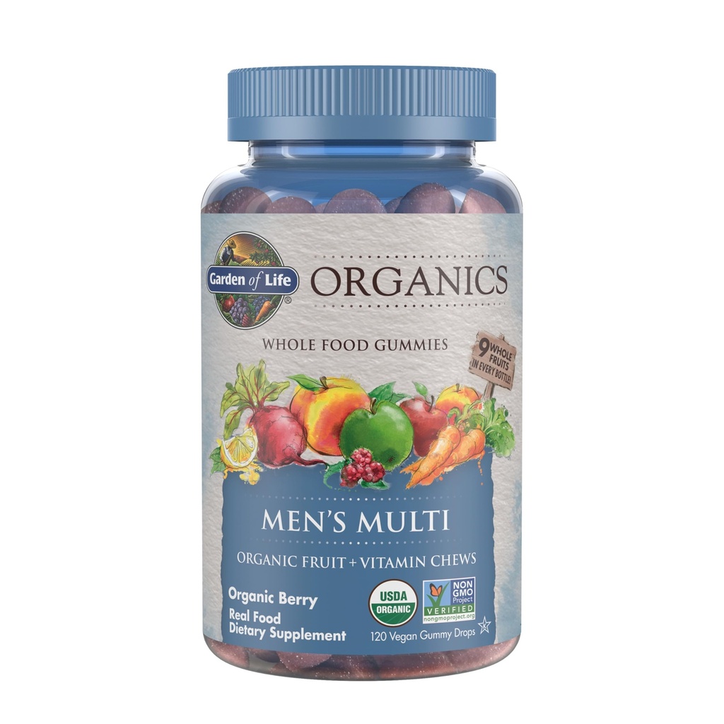 Garden of Life Organics Men's Gummy Vitamins - Berry - Certified Organic, Non-GMO, Vegan, Kosher Complete Multi - Methyl B12, C & D3 - Gluten, Soy & Dairy Free, 120 Real Fruit Chew Gummies