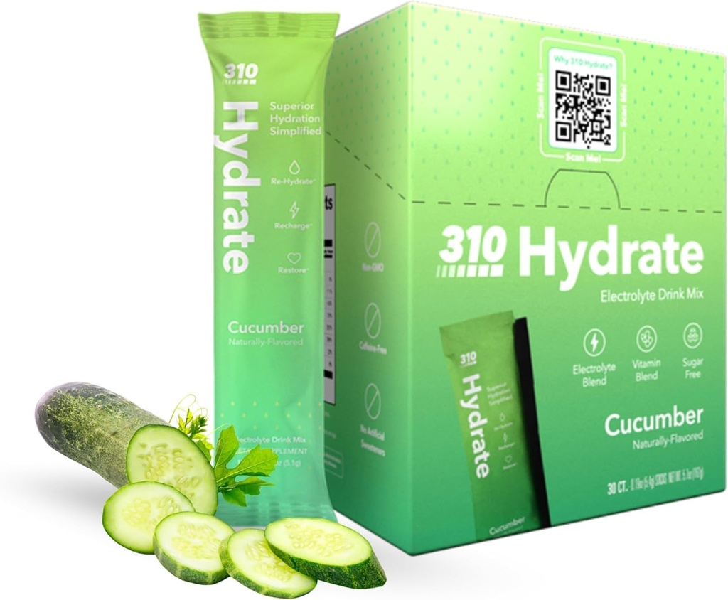 310 Ernährung Zucker freie Elektrolyte Pulver - Instant Hydration Packets für tägliche Flüssigkeitsbilanz - Koffeinfreie Rehydrierung Getränke Mix w/ Vitamine, niedrige Kalorien und Keto freundlich - Gurke 30 Singles