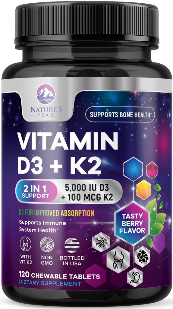 Vitamin D3 K2 - 5000 iu Vitamin D3 & 100 mcg Vitamin K2 (MK-7) Komplex für Immununterstützung - Knochen, Zähne & Muskelunterstützung - Berry Chewable, Glutenfrei, Non-GMO, Bottled in USA - 120 Tabletten