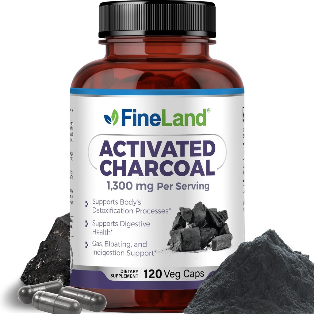 FineLand Activated Charcoal 1300mg - Advanced Digestive Detox Cleanse, Hilft mit Gas und Bloating, Zirkulation & Cholesteroal Support - Made in USA, 120 Vegan Pillen