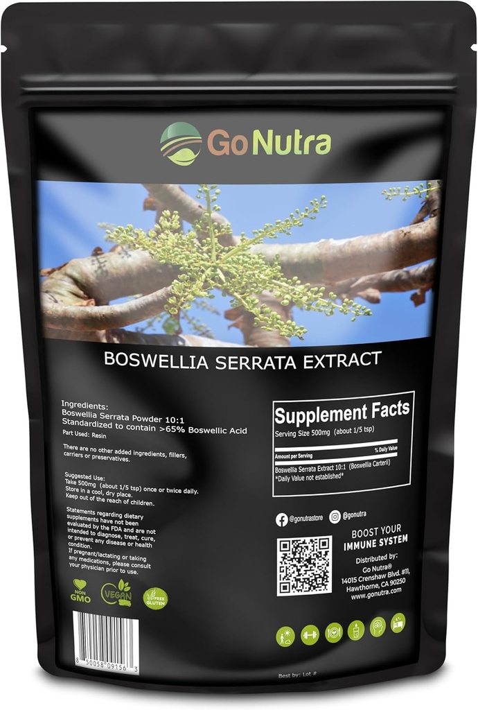 Go Nutra Boswellia Serrata Extract Powder 10:1 Strength 65% Boswellic Acid Frankincense Supplement Joint Support - 8 oz.