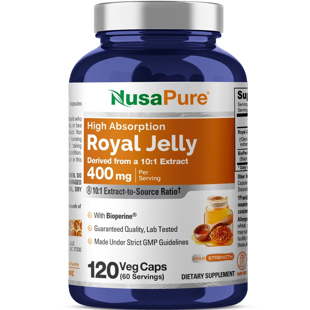 NusaPure Royal Jelly 10:1 Extrait, 400 mg équivalent à 4000mg - 120 Capsules de Véggie (non-OGM, sans gluten, biopérine)