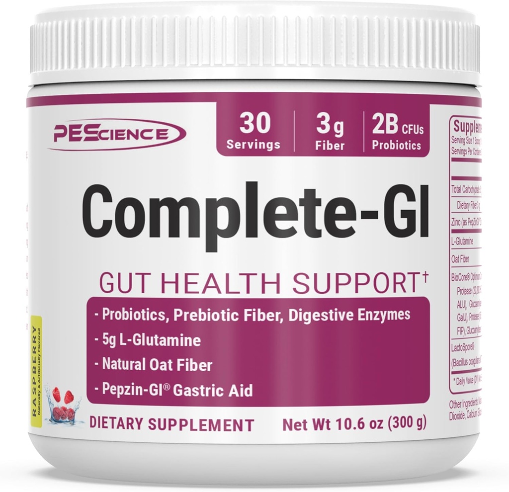 PEScience Complete-GI Gut Health Powder, Probiotika für Frauen und Männer, Verdauungsenzyme, Prebiotic Fiber, L Glutamine, Pepzin GI Zink Carnosine, Raspberry Flavor, 30 Portionen