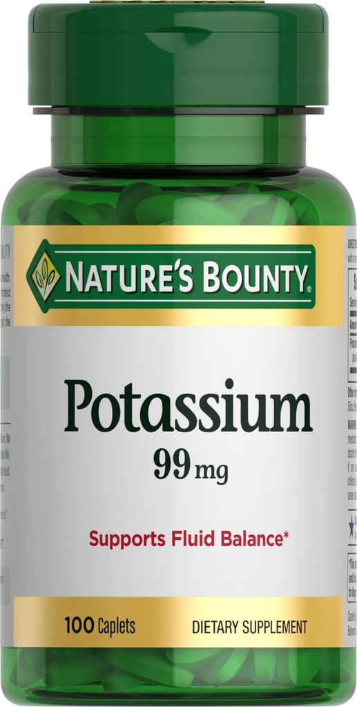 Nature's Bounty Potassium 99mg, unterstützt Flüssigkeitsbilanz und Muskelaktivität, Involviert in normale Herzfunktion, Kalium Gluconate Nahrungsergänzung, Glutenfrei, 1 pro Tag, 100 vegetarische Caplets