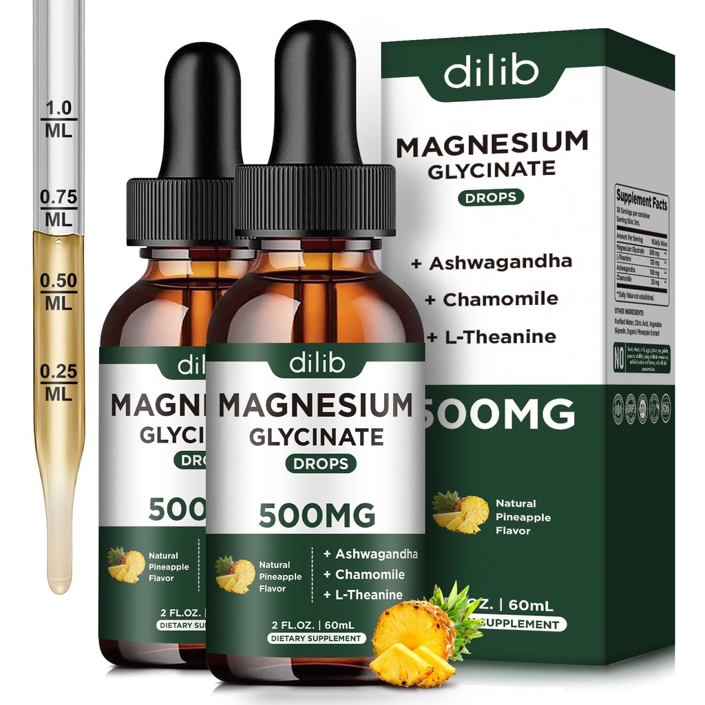 (2 Pack) Supplément de Glycinat de magnésium, gouttes liquides de magnésium avec Glycinat de magnésium 500mg Ashwagandha, L - Theanine, Camomille - soutient le sommeil calme optimal Vegan