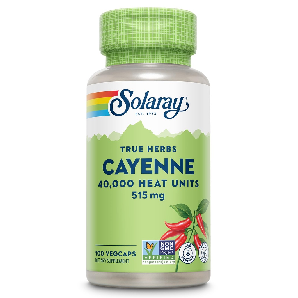 SOLARAY Cayenne Pfeffer Kapseln mit Capsaicin - Capsaicin Ergänzungen für Leistungsstarke Wellness-Unterstützung - 40.000 Wärmeeinheiten pro VegCap - Vegan, Non-GMO, Glutenfrei, 60-Tag Garantie, 100 Servierungen