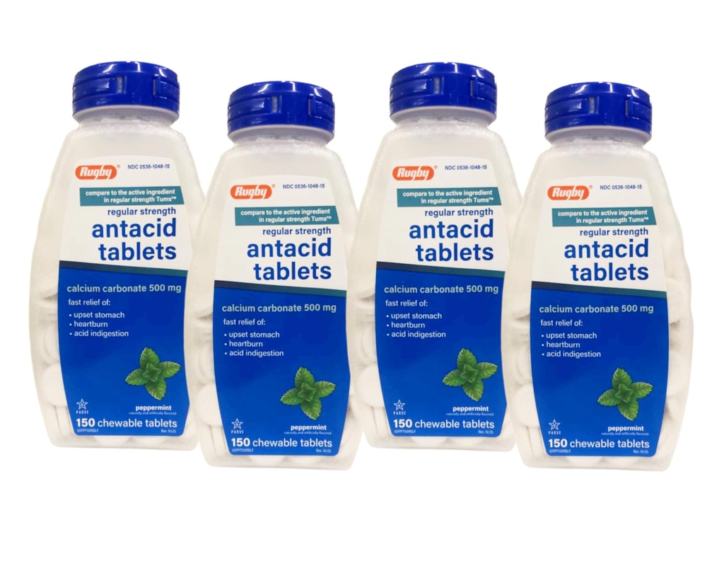 Rugby Calcium Carbonate 500mg Antacid Tabletten Peppermint, Regular Strengh, 150 Kautabletten - 4 Pack