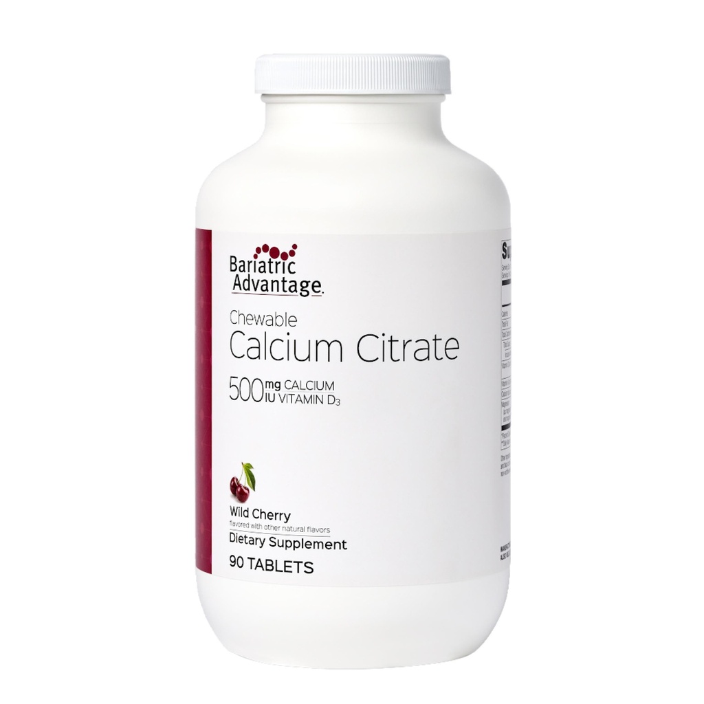 Avantage bariatrique Citrate de calcium Chewable 500mg avec vitamine D3 pour les patients de chirurgie bariatrique, y compris le pont gastrique et la gastrectomie à manches, faible sucre - Saveur de cerise sauvage, 90 Nombre