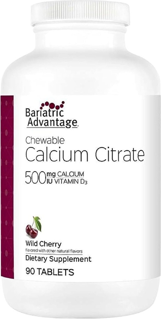 Bariatric Advantage Kalzium Citrat Kaubare 500mg mit Vitamin D3 für Bariatric Surgery Patienten einschließlich Magen Bypass und Hülse Gastrectomy, Low Sugar - Wild Cherry Flavor, 90 Count