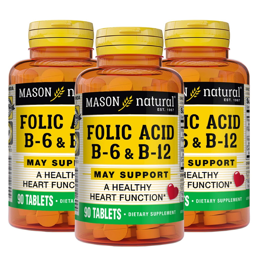 MASON NATURAL Formule cardiaque B6/B12/Comprimés d'acide folique, supplément alimentaire soutient la santé cardiovasculaire, la formation de globules rouges, la fonction métabolique, 90 Compte (paquet de 3)