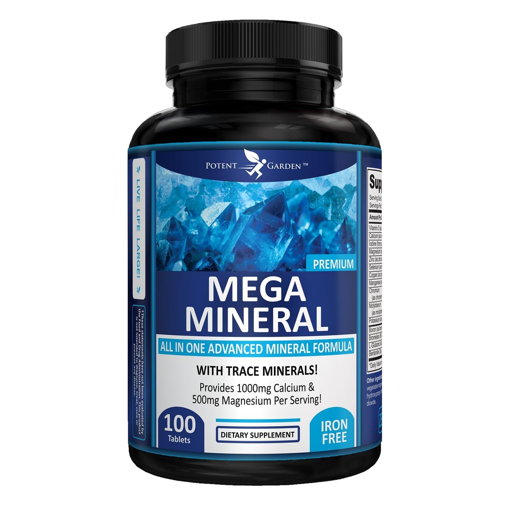Potent Garden Mega Mineral Supplement Kompletter Mineralkomplex mit Calcium Magnesium Zink Kalium Boron Selen Chrom & 72 Spuren Mineralien Eisen freie Kalziumergänzung -100 Pillen