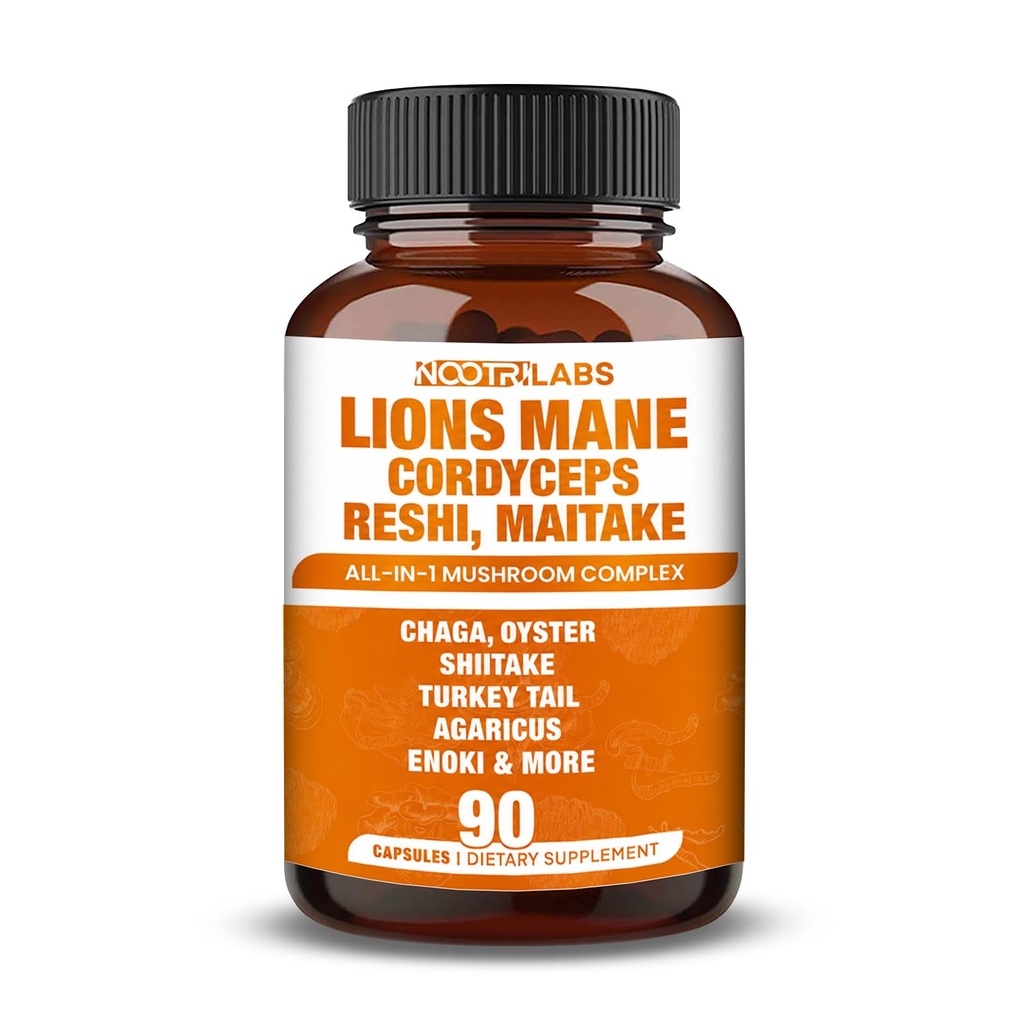 Complexe des champignons 12000mg Capsules - Lions Mane, Cordyceps, Reshi, Maitake - Nootropics Cerveau, stimule la mémoire, l'énergie, la fonction cognitive et améliore Focus, Système immunitaire, Antioxydant - 90 Capsules Vegan
