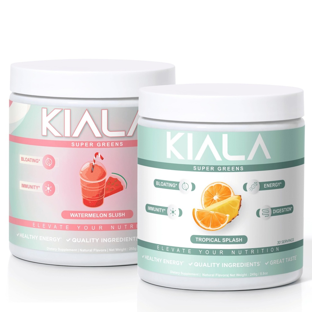 Kiala Nutrition Super Verts, Verts organiques Poudre, Spiruline et Chlorella Superfood Poudre, Sucre et Sans gluten Vegan, Spectra Blend, Pastèque et Tropical Slush 2 Pack
