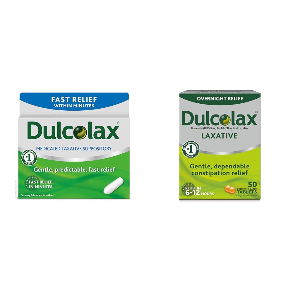Dulcolax Fast Relief Medicated Laxative Suppositories Fast Relief, Rectal Use Only, Bisacodyl, 10 mg & Overnight Relief Laxative for Gentle Constipation Relief, Bisacodyl 5 mg Tabletten, 50 Count