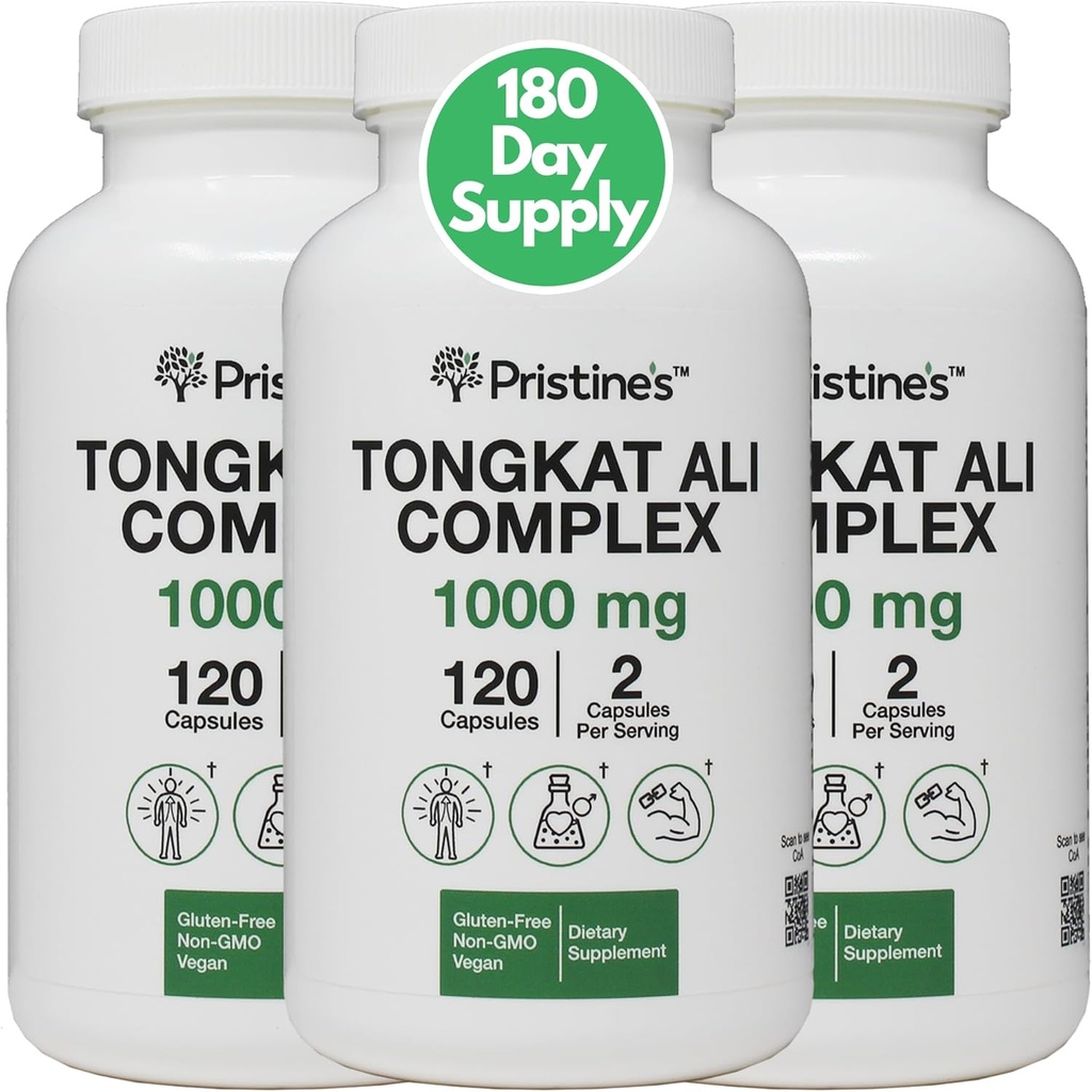 PRISTINE's Tongkat Ali 1000MG Extract Capsule Supplement (3-Pack) -30 Day Supply - Athletic Performance Support - Mens Health & Lean Muscle Maß - Immunitätsunterstützung