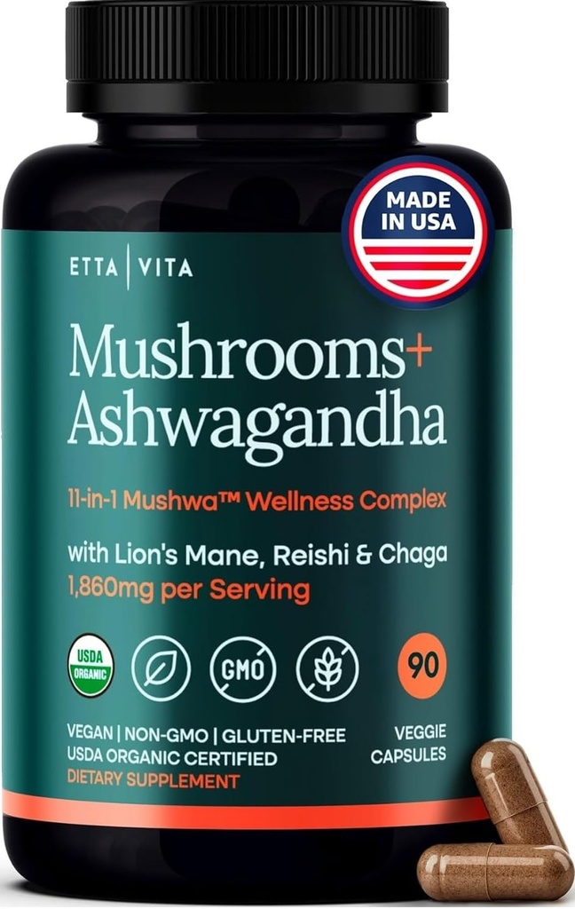 USDA Organic Lions Mane Supplement Kapseln mit Ashwagandha, Chaga, Reishi, Cordyceps, Turkey Tail (18.600mg/serv) 10x Adaptogenic Mushroom Complex als Focus Supplement - Energie, Immunität & Nootropic