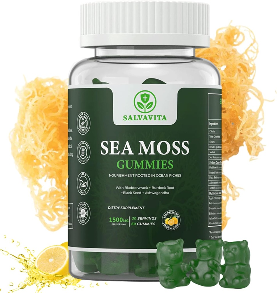 Sea Moss Gummis – Powerful 1500mg Servieren | Infused with Bladderwrack, Burdock Root, Black Seed & Ashwagandha | Organic Sea Moss | Lemon Flavor - 60 Gummis