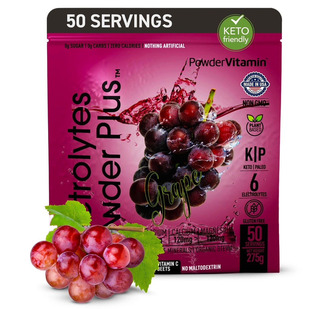 PulverVitamin Elektrolyte Pulver Plus (50 Portionen) Traubenelektrolyt Pulver Zero Calorie Keto, 0 Zucker, kein Maltodextrin, 1000mg Kalium, 120mg Calcium, 120mg Magnesium, Hydration Pulver