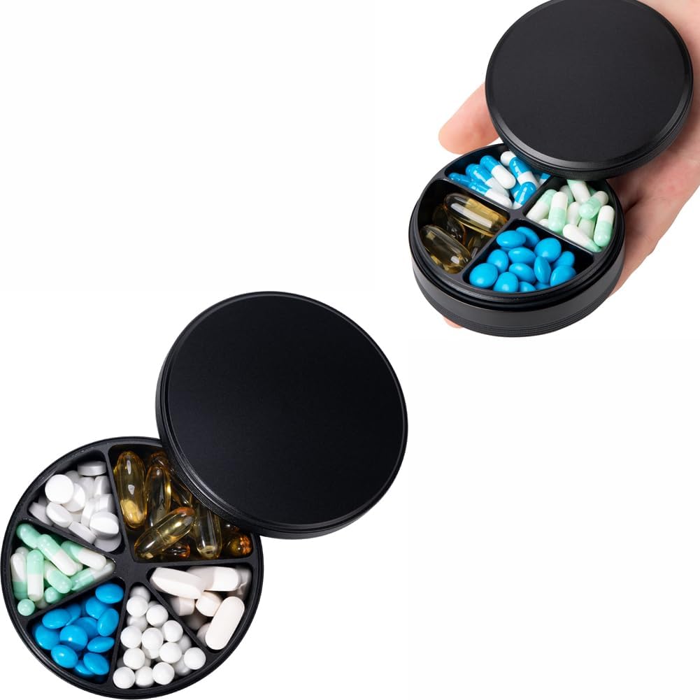 6 Compartment Pill Organizer & 4 Compartment Pill Box - Waterproof Metal Pill Organizer, Aluminium Alloy Round Daily Medicine Container for Vitamin, Medicine, Supplement, Fish Oil