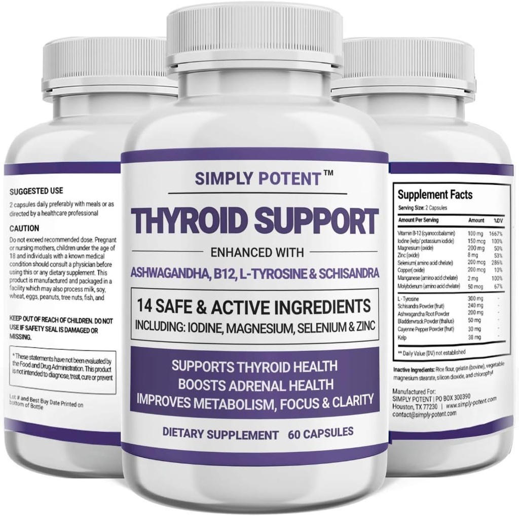 Einfach Potent Thyroid Support & Adrenal Support Supplement 2-in-1 Natürliche Formel mit Iodine & Ashwagandha für Energie, Stoffwechsel, Fokus für Frauen & Männer, 60 Caps