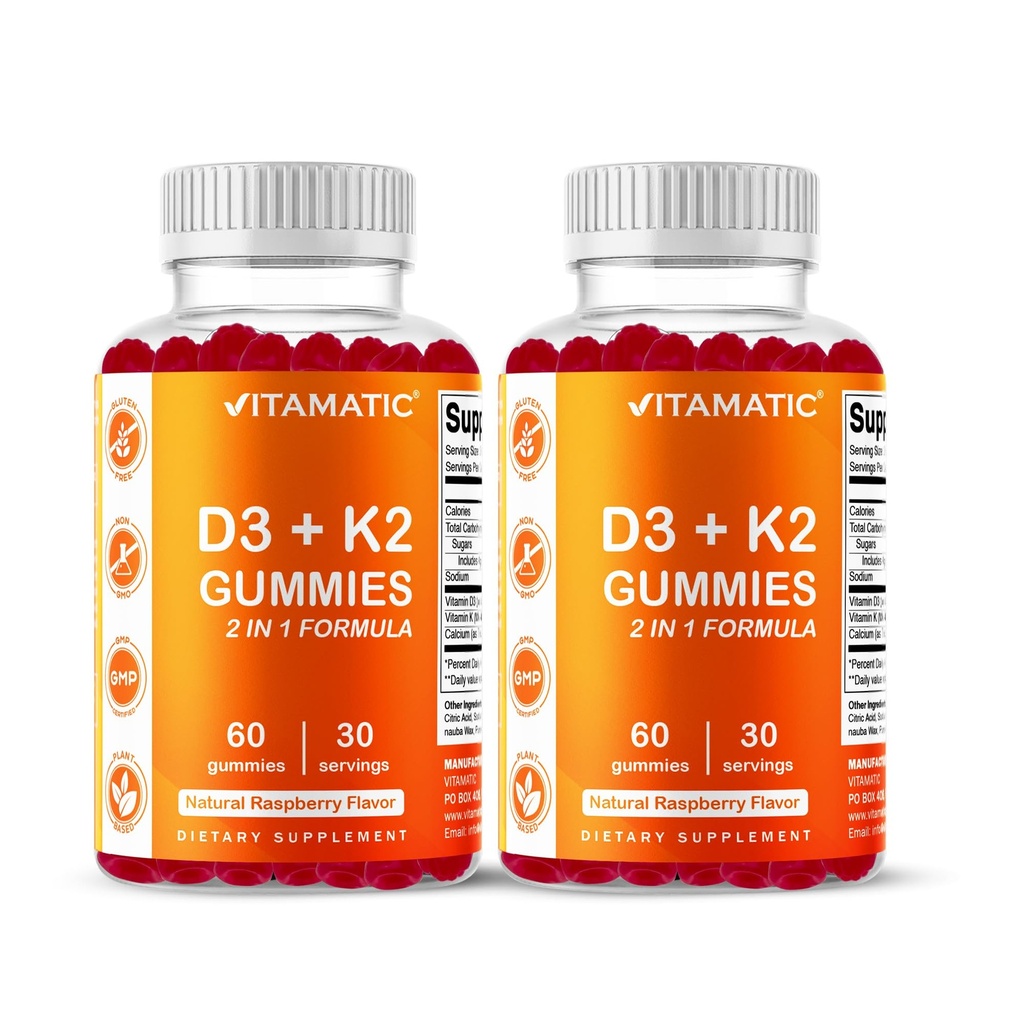 Vitamatic Vitamin D3 & K2 Gummie (2-Pack, 60 Count) Unterstützt gesunde Knochen, Herzgesundheit, Calciumabsorption und Immunfunktion Pflanzenbasiert, Non-GMO, Glutenfrei