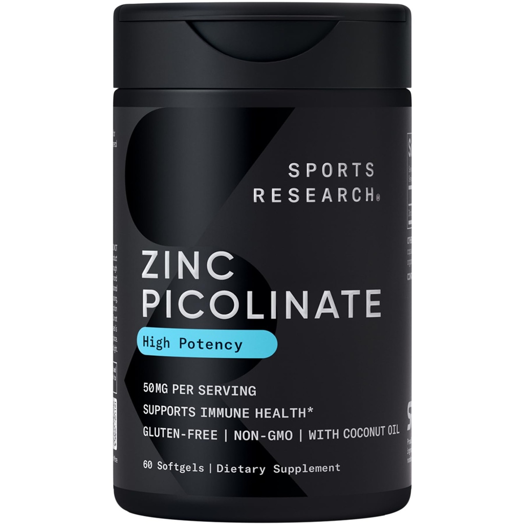 Sportforschung Zink Picolinate 50mg mit Bio Kokosöl | Hochabsorbierbare Zinkergänzung für gesunde Immunfunktion - Non-GMO Verified, Gluten & Soy Free (60 Liquid Softgels)