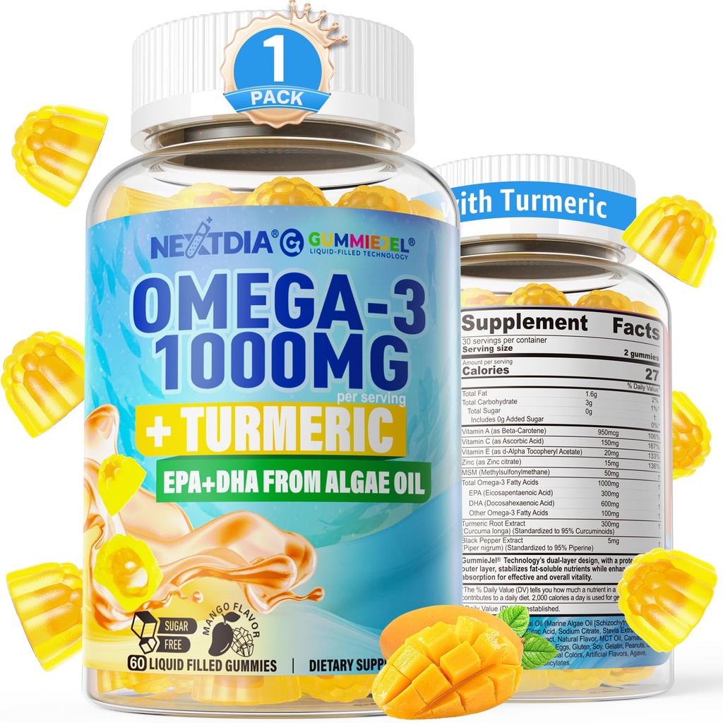 Vegan Omega-3 Gummie 1000mg + Kurkuma - Omega 3 Fischöl Alternative für Erwachsene - Algae DHA 600mg & EPA 300mg, Vitamine A, C, E, Zink & MSM, Zuckerfrei, 60 Cts