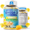 Vegan Omega-3 Gummie 1000mg + Kurkuma - Omega 3 Fischöl Alternative für Erwachsene - Algae DHA 600mg & EPA 300mg, Vitamine A, C, E, Zink & MSM, Zuckerfrei, 60 Cts