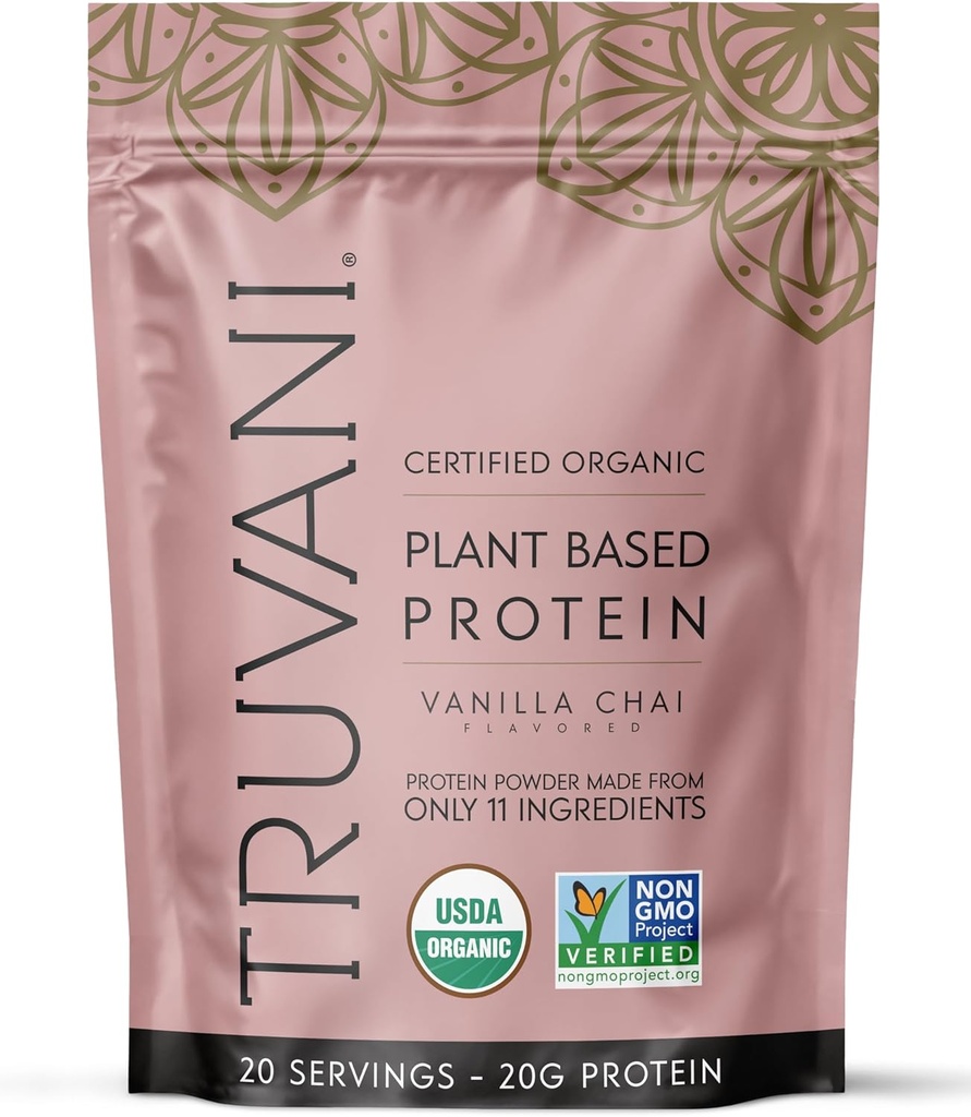 Truvani Vegan Pea Protein Powder | Vanilla Chai | 20g Organic Plant Based Protein | 20 Servings | Keto | Gluten & Dairy Free | Low Carb | No Added Sugar
