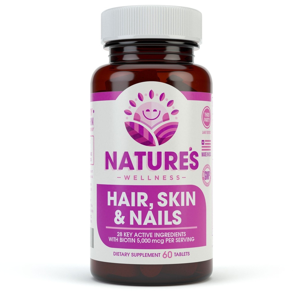 Naturen Wellness Haar, Haut und Nägel essentielle Nourishing-Ergänzung, 60-Count | 4000mcg Biotin + Vitamine A, C und E, B Komplexe Vitamine, und Fortgeschrittene Nährstoffe pro Kapsel | 100% All-Natural