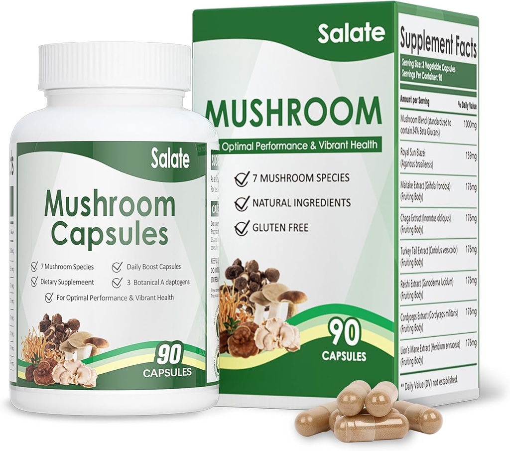 Salate Lion's Mane Supplement Organic Mushroom Extract for Memory and Focus, Immune Support Brain Capsules, 100% Fruit Body Extracts, No Mycelium Vegan Mushroom Supplement (90 Caps)