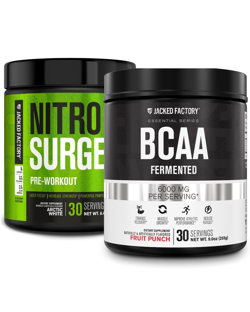 Jacked Factory Nitrosurge PreWorkout in Arctic White & BCAA in Fruit Punch für Muskelaufbau und Erholung