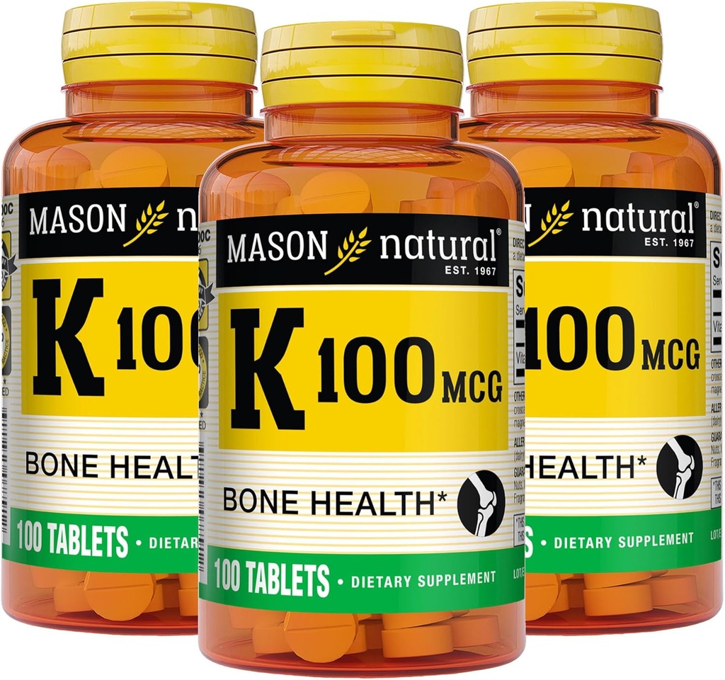 MASON NATURAL Vitamin K 100 mcg, unterstützt Knochen & Gelenke Gesundheit, hilft Calcium Absorption, 100 Tabletten, Packung von 3