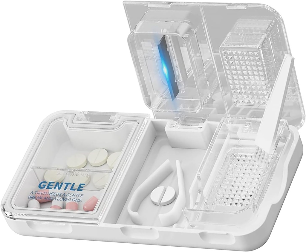 CFMOUR Splitter 3-en-1 pour petites et petites pilules, broyeur, broyeur pour grand usage quotidien, pilules coupées en toute sécurité, vitamines, comprimés, coupe précise et facile, voyage sizé, blanc