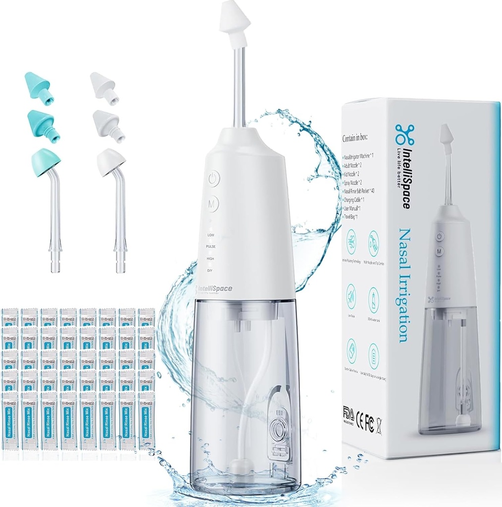 Nasal Bewässerungssystem Tragbare Cordless Nasal Rinse Maschine für Sinus Allergy Relief Nasal Care - Electric Neti Pot für Nasal Bewässerung - Sinus Rinse Kit mit 6 Düsen 40 Salzpackungen