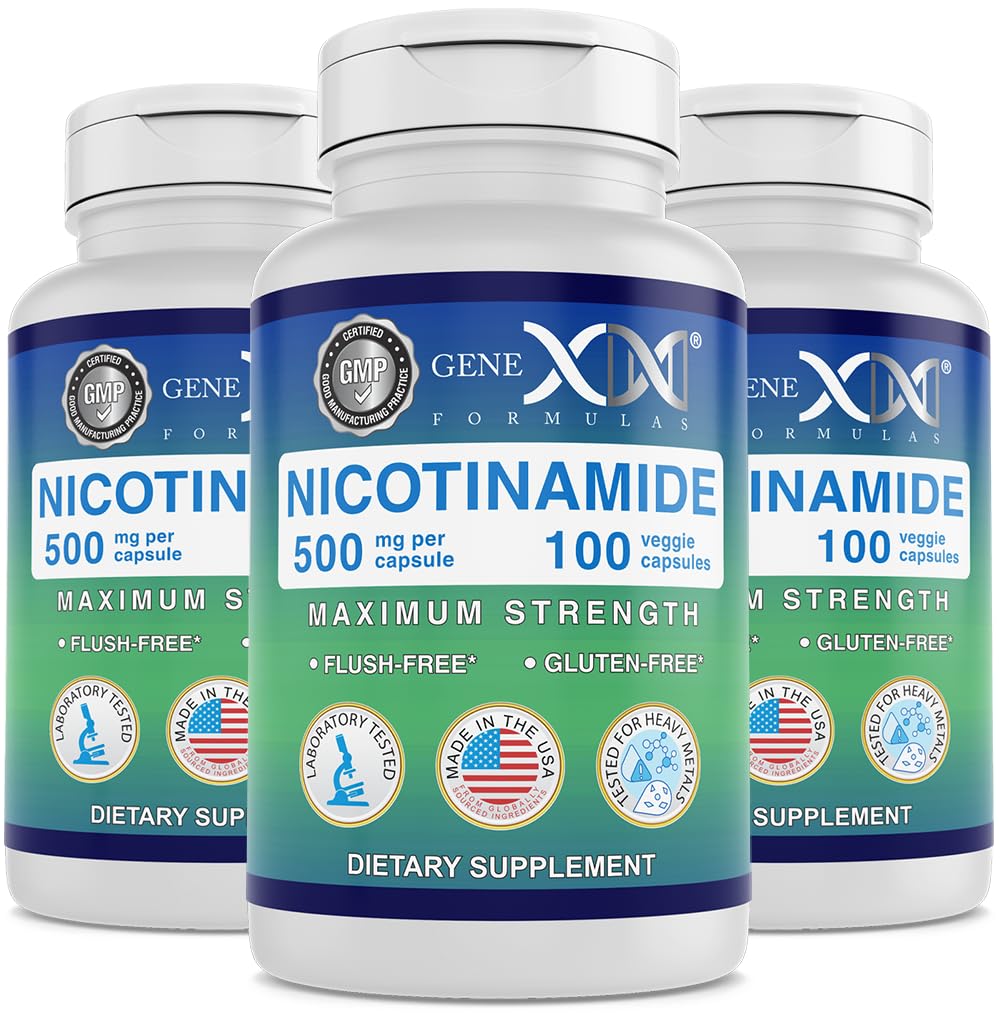 Formules Genex Nicotinamide 500mg (3-Pack) Vitamine B3 Capsules de niacine sans flush pour une peau saine - Supplément Niacinamide Pills aider à produire la kératine et soutenir la santé et l'énergie des cellules de la peau (300 Capsules)