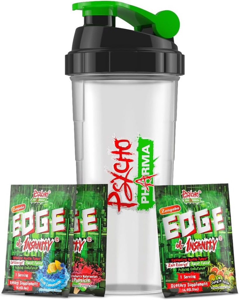 Psycho Pharma Edge of Insanity Pre Workout – Poudre de Stim la plus forte pour pompes intenses, force, énergie et focus – 3 échantillons d'arômes + coupe de shaker gratuite (Jus de jungle, citronnade bleue, fraise)