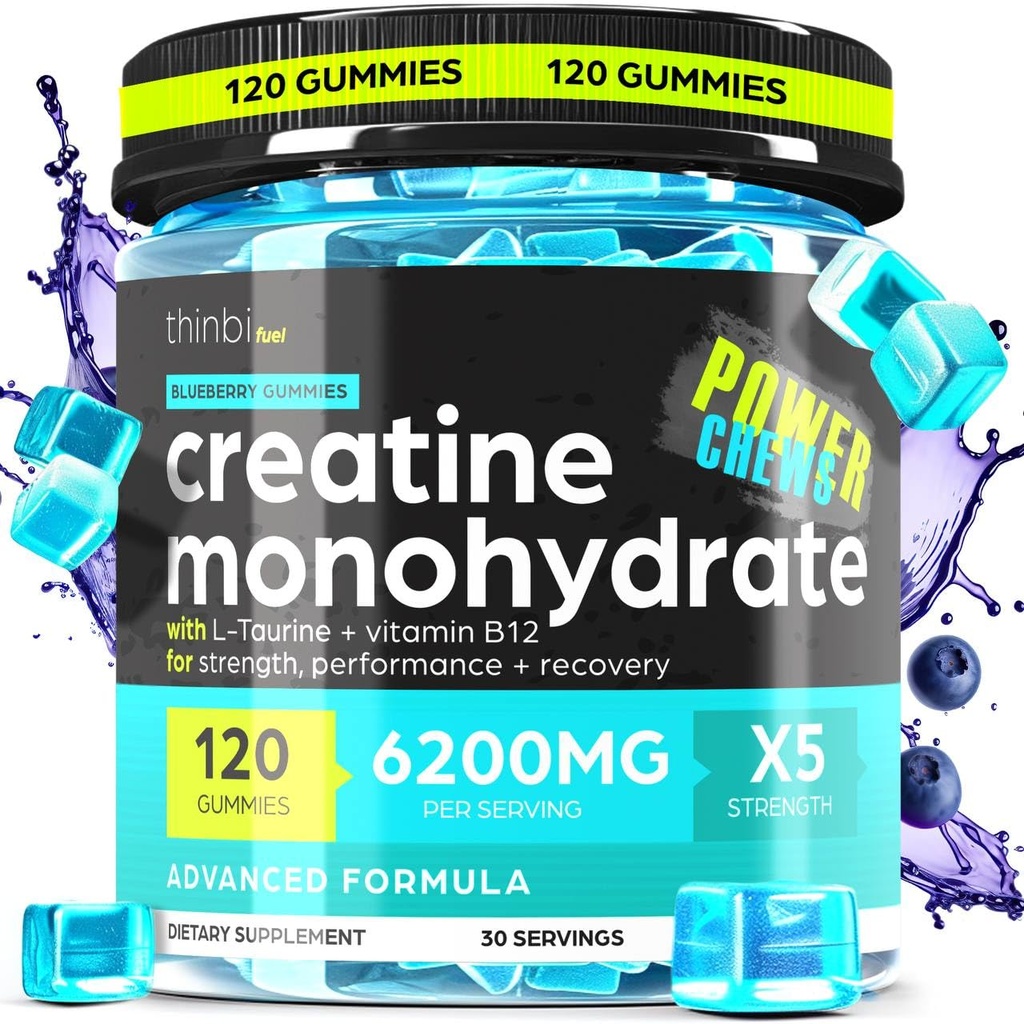 Creatine Monohydrate Gummies Complex 6200mg für Herren & Frauen - 120 Gummie Fortgeschrittene Formel W/L-Taurine + Vitamin B12 für Muskelkraft, Muskelaufbau, Energieschub, Pre-Workout-Ergänzung - Thinbi